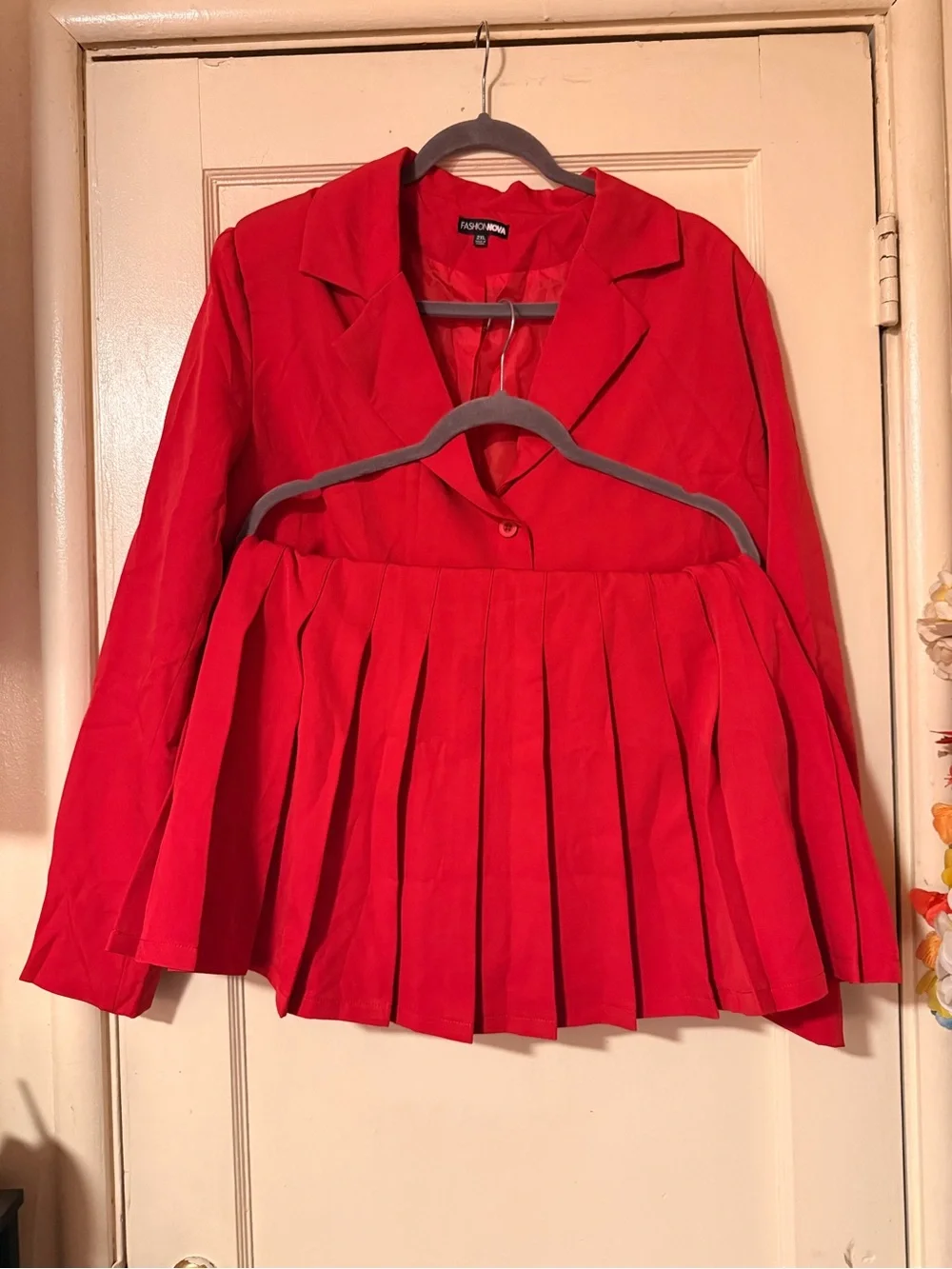 Fashion Nova Red Pleated Blazer and Skirt Set